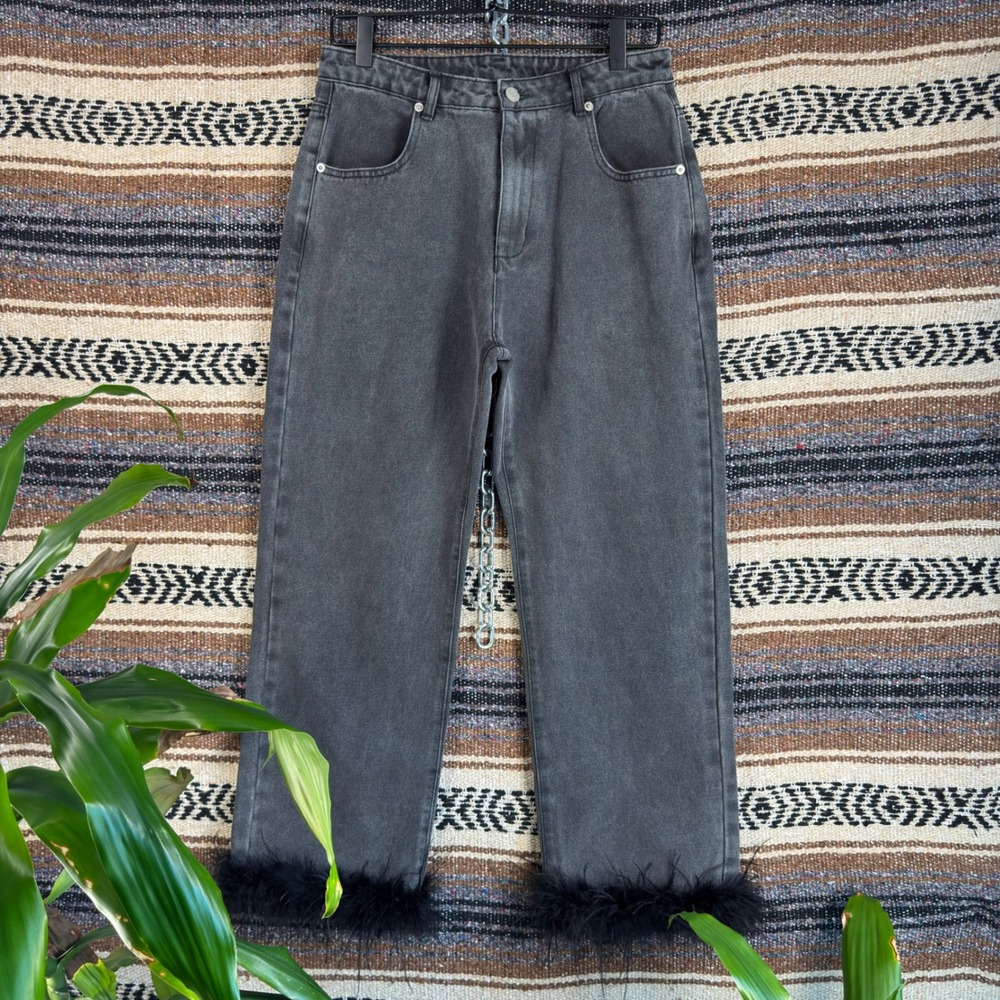 Salty Womens Washed Black Straight Leg Jeans Faux Feather Trim High Rise Size 29